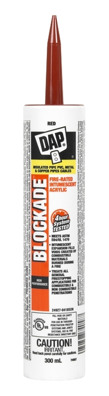 DAP BLOCKADE 74058 Fire Rated Intumescent Sealant, Red, 4 hr Functional Cure, >4.4 deg C, 340 mL Cartridge