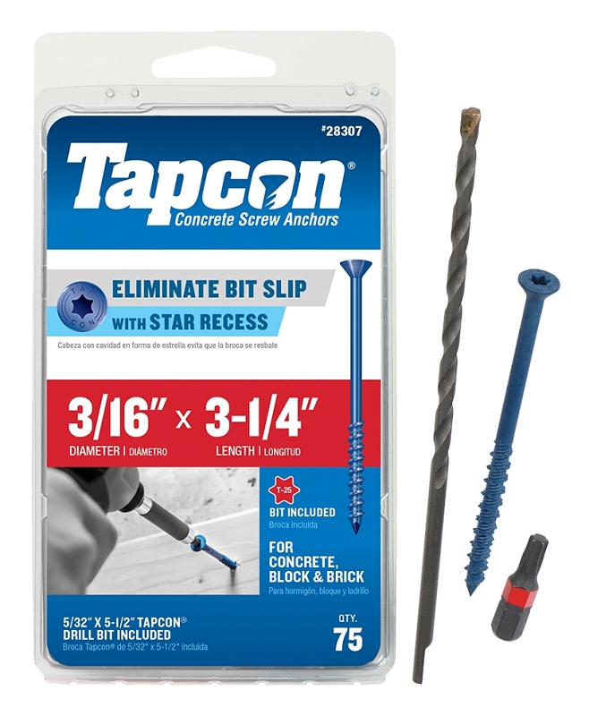 Tapcon 28307 Concrete Screw Anchor, T25 Screw, 3/16 in Dia, 3-1/4 in L, Steel, Climaseal