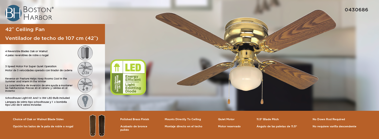 Boston Harbor CF-78125 Ceiling Fan, 4-Blade, Polished Brass Housing, 42 in Sweep, MDF Blade, 3-Speed