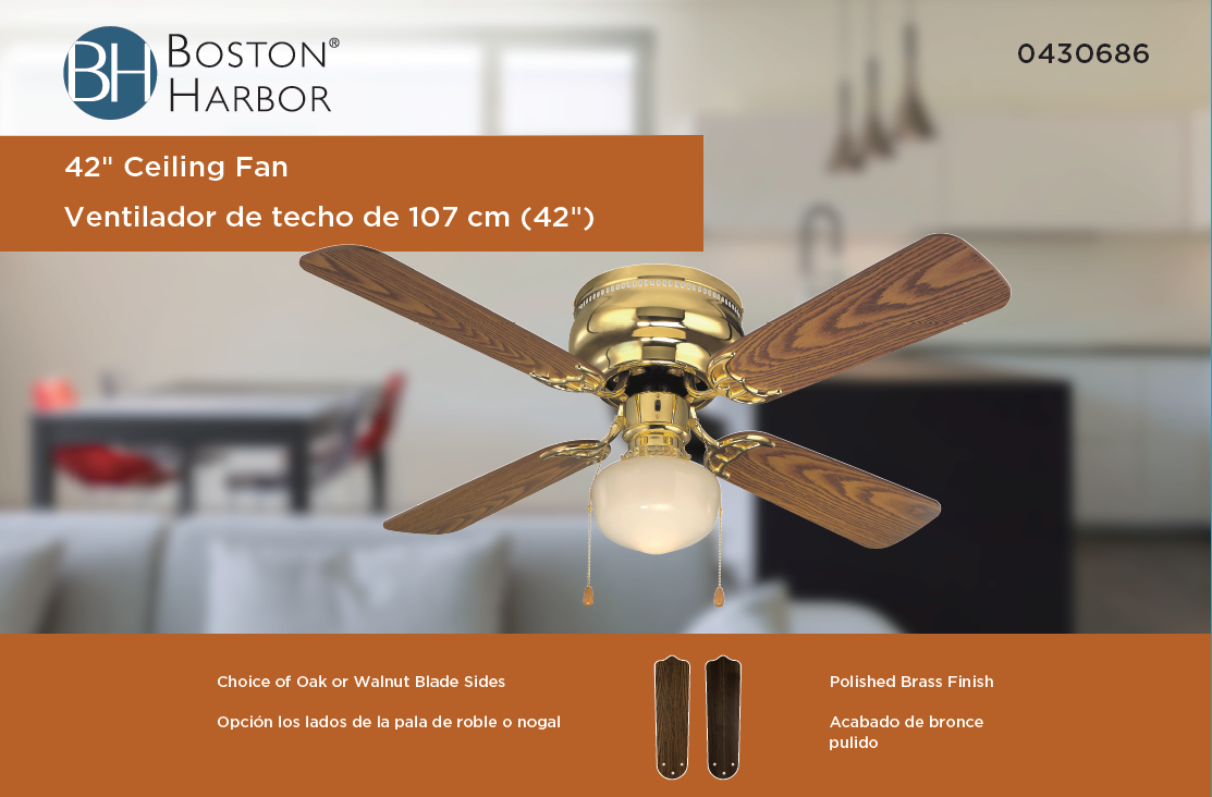 Boston Harbor CF-78125 Ceiling Fan, 4-Blade, Polished Brass Housing, 42 in Sweep, MDF Blade, 3-Speed