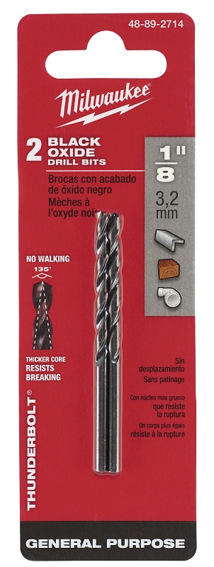 Milwaukee 48-89-2714 Jobber Drill Bit, 1/8 in Dia, 2-3/4 in OAL, Parabolic Flute, 3-Flute, 1/8 in Dia Shank