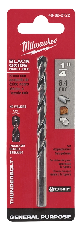 Milwaukee 48-89-2722 Jobber Drill Bit, 1/4 in Dia, 4 in OAL, Parabolic Flute, 3-Flute, 1/4 in Dia Shank