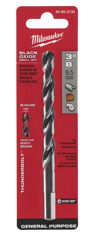 Milwaukee 48-89-2730 Jobber Drill Bit, 3/8 in Dia, 5 in OAL, Parabolic Flute, 3-Flute, 3/8 in Dia Shank