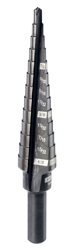 Milwaukee 48-89-9201 Step Drill Bit, 1/8 to 1/2 in Dia, 3-7/64 in OAL, 2-Flute, 1/4 in Dia Shank, Flat Shank