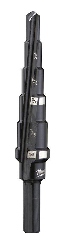 Milwaukee 48-89-9202 Step Drill Bit, 3/16 to 1/2 in Dia, 3-5/64 in OAL, 2-Flute, 1/4 in Dia Shank, Flat Shank