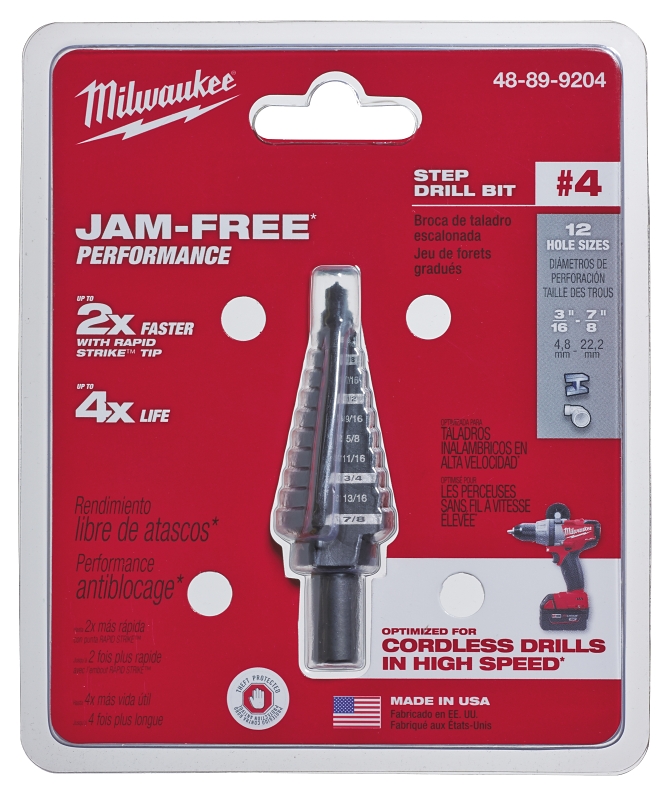 Milwaukee 48-89-9204 Step Drill Bit, 3/16 to 7/8 in Dia, 2-61/64 in OAL, 2-Flute, 3/8 in Dia Shank, Flat Shank