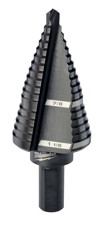Milwaukee 48-89-9209 Step Drill Bit, 7/8 to 1-1/8 in Dia, 2-61/64 in OAL, 2-Flute, 3/8 in Dia Shank, Flat Shank
