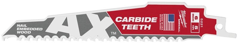 Milwaukee 48-00-5221 Reciprocating Saw Blade, 6 in L, 5 TPI, Carbide Cutting Edge