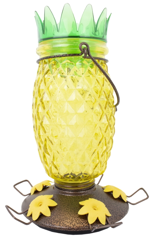 Perky-Pet 9110-2 Top-Fill Bird Feeder, Pineapple Top, 28 oz, Nectar, 5 -Port/Perch, Glass/Plastic, 10.63 in H
