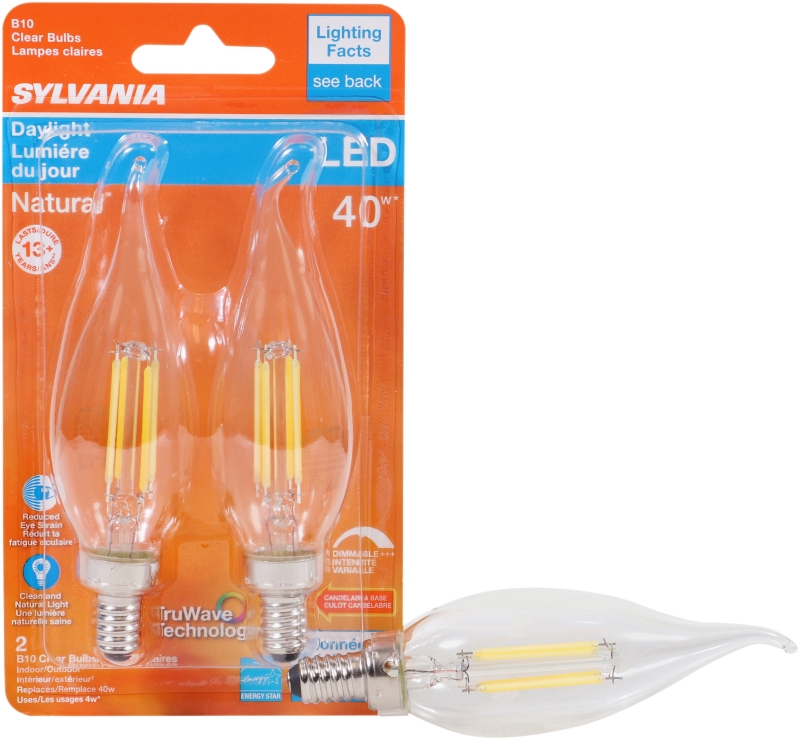 Sylvania 40791 Natural LED Bulb, Decorative, 350 Lumens, 4 W, B10 Bent Tip Lamp, 40 W Equivalent, E12 Lamp Base, Clear