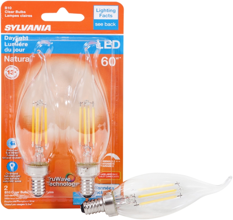 Sylvania 40759 Natural LED Bulb, 120 V, 500 Lumens, 5.5 W, B10 Bent Tip Lamp, 60 W Equivalent, E12 Lamp Base, Clear