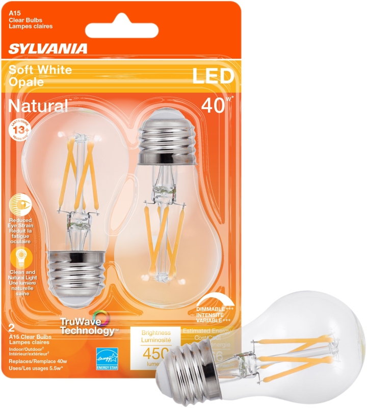 Sylvania 40761 Natural LED Bulb, General Purpose, A15 Lamp, 40 W Equivalent, E26 Lamp Base, Dimmable, Clear