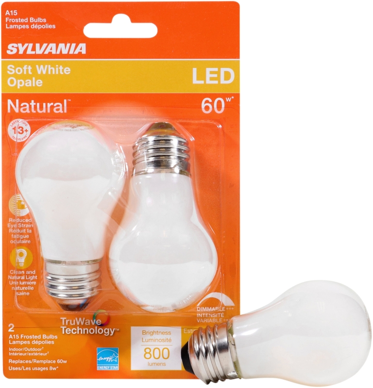 Sylvania 40763 Natural LED Bulb, General Purpose, 800 Lumens, 8 W, A15 Lamp, 60 W Equivalent, E26 Lamp Base, Dimmable