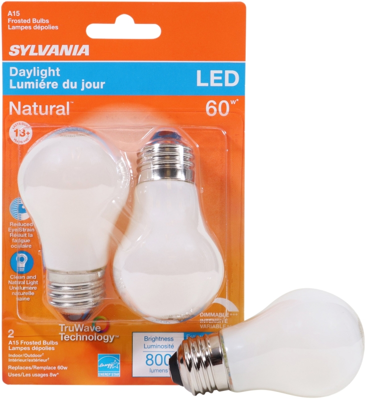 Sylvania 40776 Natural LED Bulb, General Purpose, A15 Lamp, 60 W Equivalent, E26 Lamp Base, Dimmable, Frosted