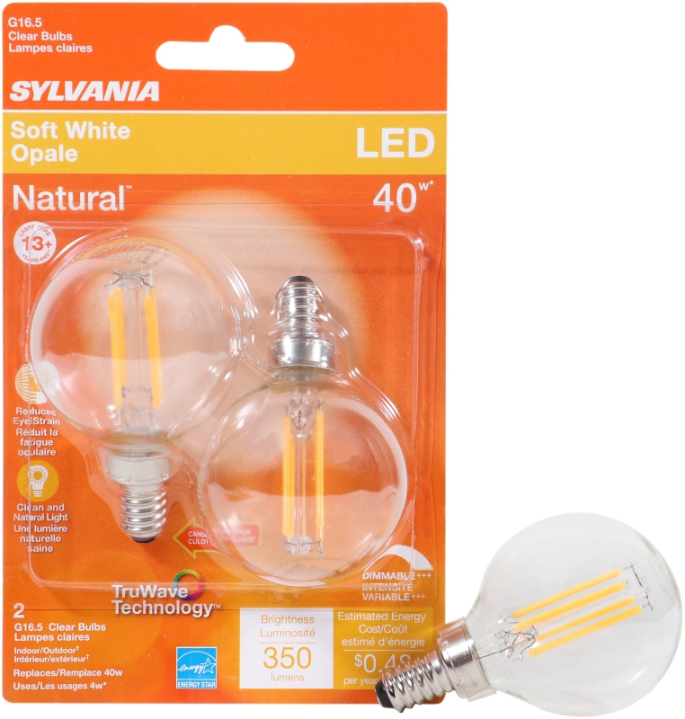 Sylvania 40784 Natural LED Bulb, Decorative, G16.5 Lamp, 40 W Equivalent, E12 Lamp Base, Dimmable, Clear