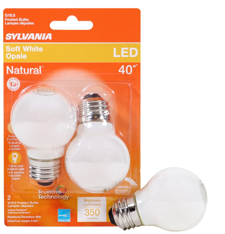 Sylvania 40799 Natural LED Bulb, Globe, G16.5 Lamp, 40 W Equivalent, E26 Lamp Base, Dimmable, Frosted, Soft White Light