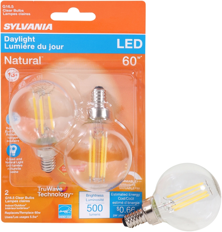 Sylvania 40853 Natural LED Bulb, Decorative, G16.5 Lamp, 60 W Equivalent, E12 Lamp Base, Dimmable, Clear, Daylight Light