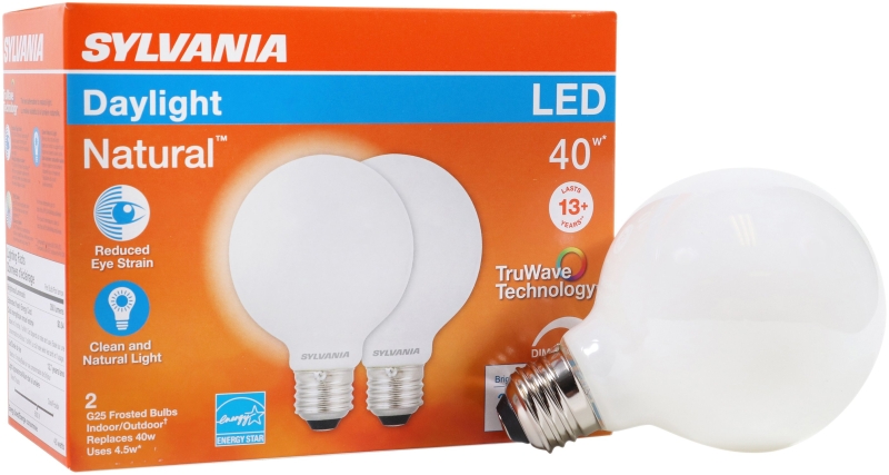 Sylvania 40766 LED Bulb, Globe, 350 Lumens, 4.5 W, G25 Lamp, 40 W Equivalent, E26 Lamp Base, Dimmable, Frosted, Daylight