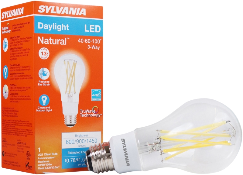Sylvania 40770 Natural LED Bulb, 3-Way, A21 Lamp, 100 W Equivalent, E26 Lamp Base, Dimmable, Clear, Daylight Light