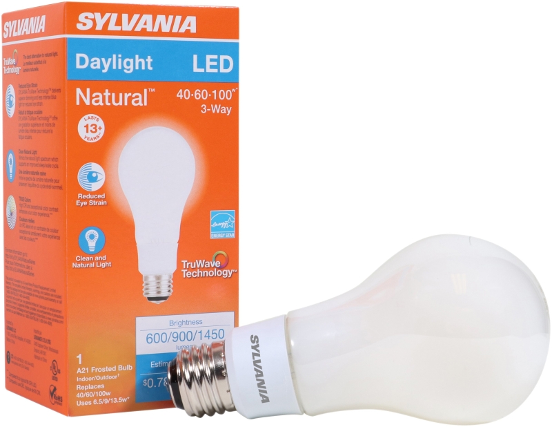 Sylvania 40778 Natural LED Bulb, 3-Way, A21 Lamp, 100 W Equivalent, E26 Lamp Base, Dimmable, Frosted, Daylight Light