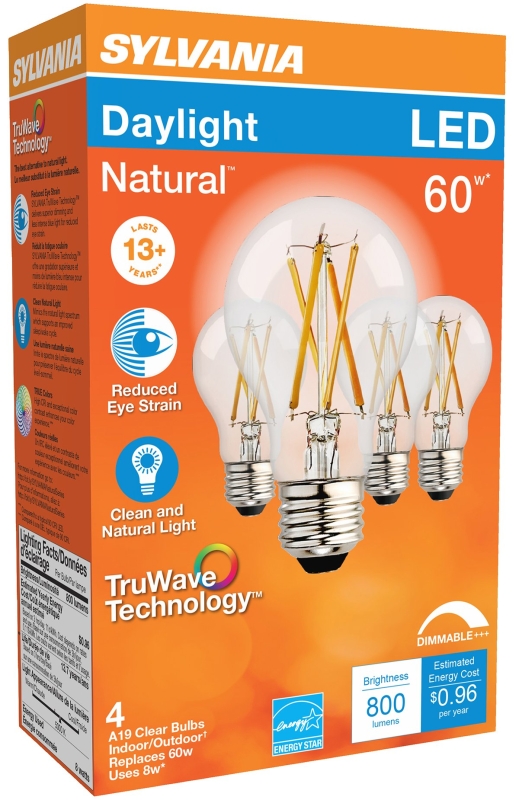 Sylvania 49827 Natural LED Bulb, General Purpose, 800 Lumens, 8 W, A19 Lamp, 60 W Equivalent, E26 Lamp Base, Dimmable