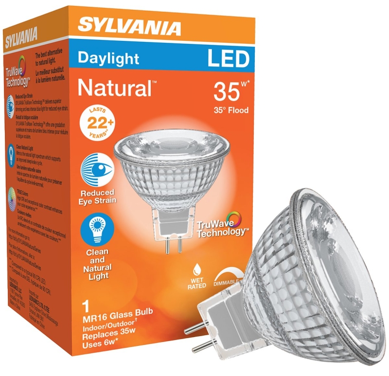 Sylvania 40928 Natural LED Bulb, Track/Recessed, 450 Lumens, 6 W, MR16 Lamp, G5.3 Lamp Base, Dimmable, Cool White