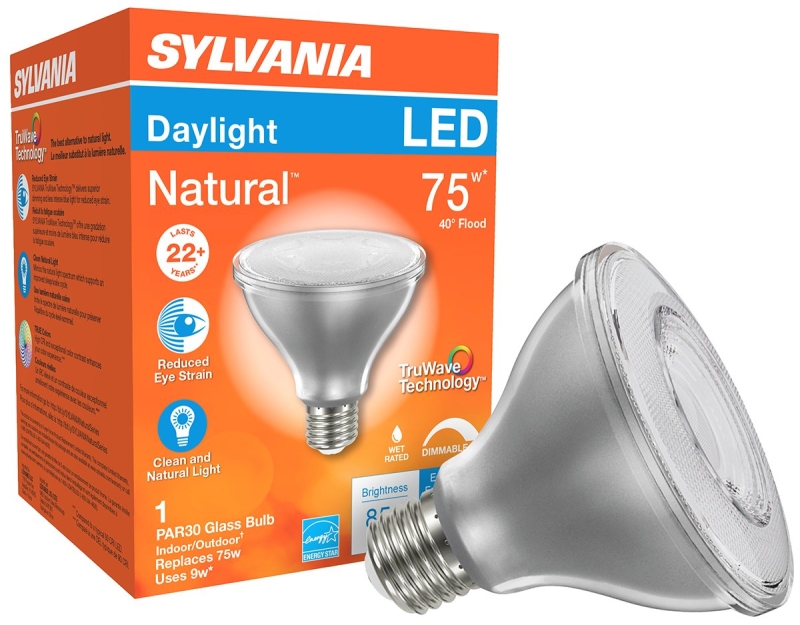 Sylvania 40917 Natural LED Bulb, Spotlight, 850 Lumens, 10 W, PAR30 Lamp, E26 Lamp Base, Dimmable, Clear, Daylight