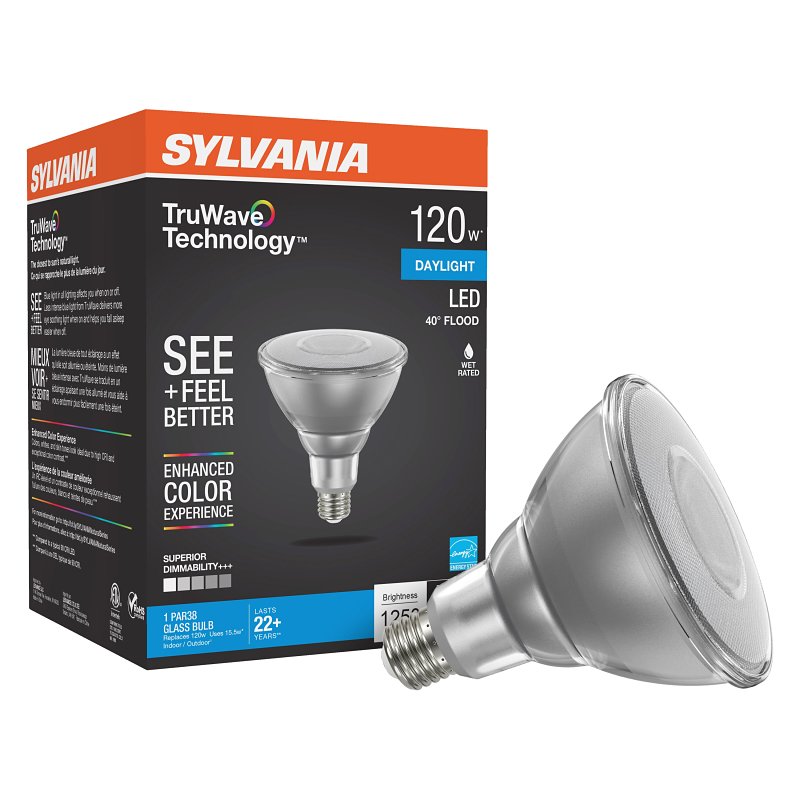 Sylvania 40906 Natural LED Bulb, Spotlight, PAR38 Lamp, 90 W Equivalent, E26 Lamp Base, Dimmable, Clear, Daylight Light