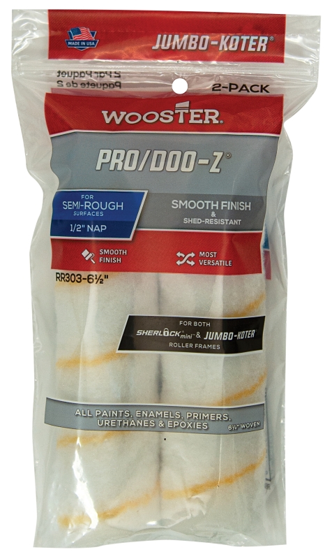 Wooster RR303-6 1/2 Roller Cover, White, 1/2 in Thick Nap, 6-1/2 in L, Woven Fabric Cover, 2/PK