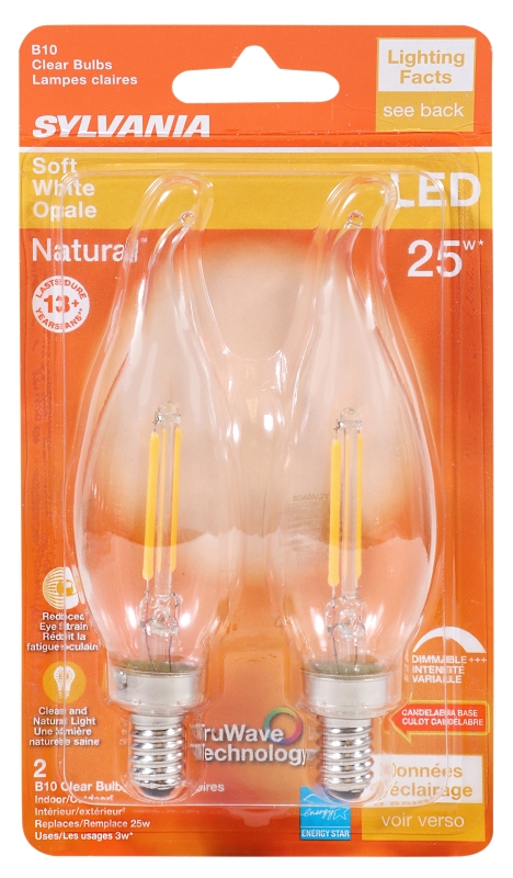 Sylvania 40854 Natural LED Bulb, 120 V, 200 Lumens, 3 W, B10 Bent Tip Lamp, 25 W Equivalent, E12 Lamp Base, Clear