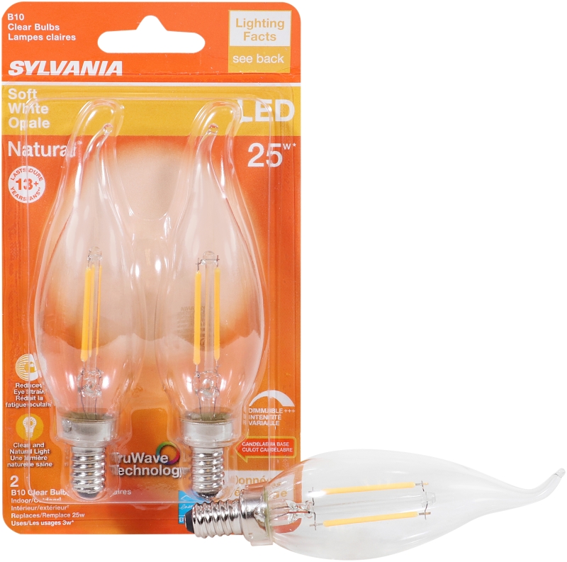 Sylvania 40854 Natural LED Bulb, 120 V, 200 Lumens, 3 W, B10 Bent Tip Lamp, 25 W Equivalent, E12 Lamp Base, Clear