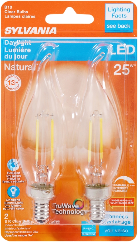 Sylvania 40855 Natural LED Bulb, Decorative, 200 Lumens, 3 W, B10 Bent Tip Lamp, 25 W Equivalent, E12 Lamp Base, Clear