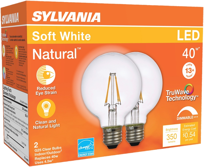Sylvania 40764 Natural LED Bulb, Globe, G25 Lamp, 40 W Equivalent, E26 Lamp Base, Dimmable, Clear, Soft White Light