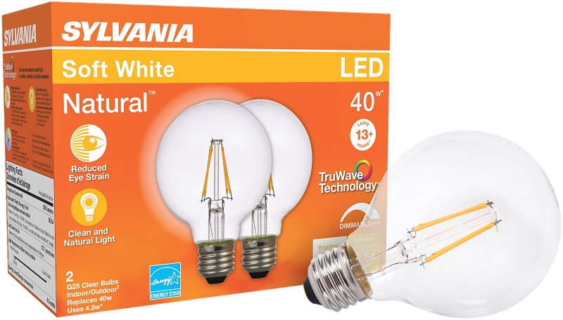 Sylvania 40764 Natural LED Bulb, Globe, G25 Lamp, 40 W Equivalent, E26 Lamp Base, Dimmable, Clear, Soft White Light