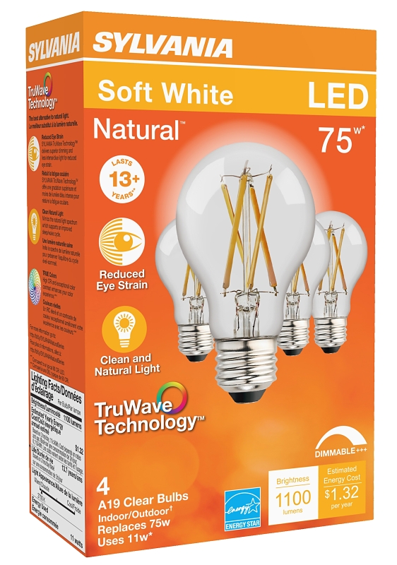 Sylvania 40688 Natural LED Bulb, General Purpose, 1100 Lumens, 11 W, A19 Lamp, 75 W Equivalent, E26 Lamp Base, Dimmable