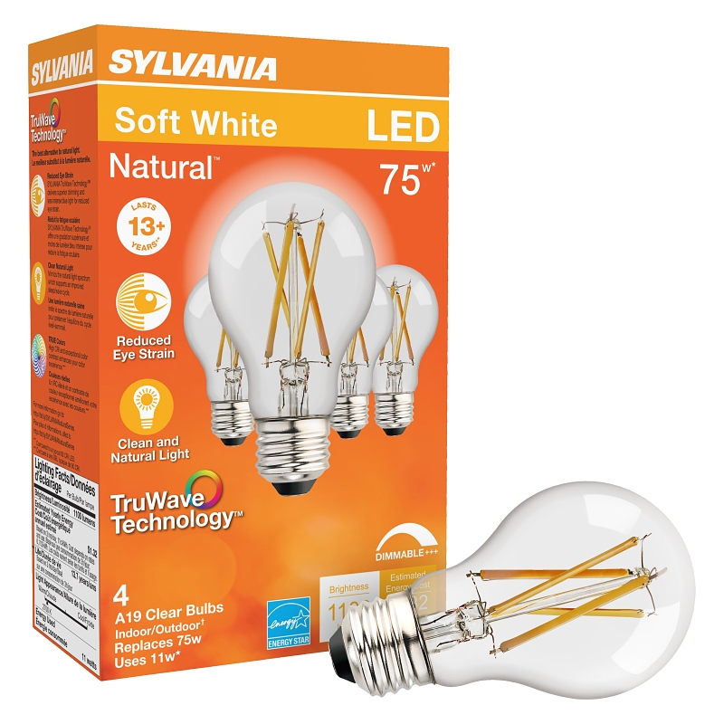 Sylvania 40688 Natural LED Bulb, General Purpose, 1100 Lumens, 11 W, A19 Lamp, 75 W Equivalent, E26 Lamp Base, Dimmable