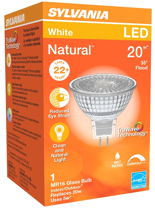 Sylvania 40924 Natural LED Bulb, Track/Recessed, 350 Lumens, 4.5 W, MR16 Lamp, G5.3 Lamp Base, Dimmable, Cool White