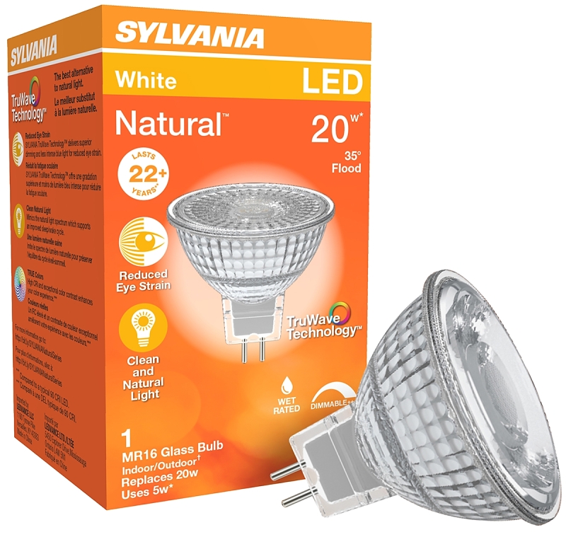 Sylvania 40924 Natural LED Bulb, Track/Recessed, 350 Lumens, 4.5 W, MR16 Lamp, G5.3 Lamp Base, Dimmable, Cool White