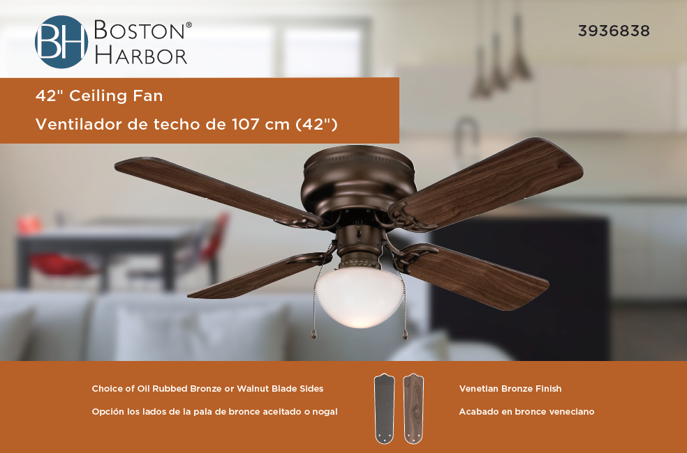Boston Harbor CF-78125-ORB Ceiling Fan, 4-Blade, Venetian Bronze Housing, 42 in Sweep, MDF Blade, 3-Speed