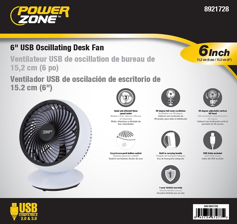 PowerZone QT-U608C USB Oscillating Fan, 5 VAC, 6 in Dia Blade, 3-Speed, 90 deg Rotating, White