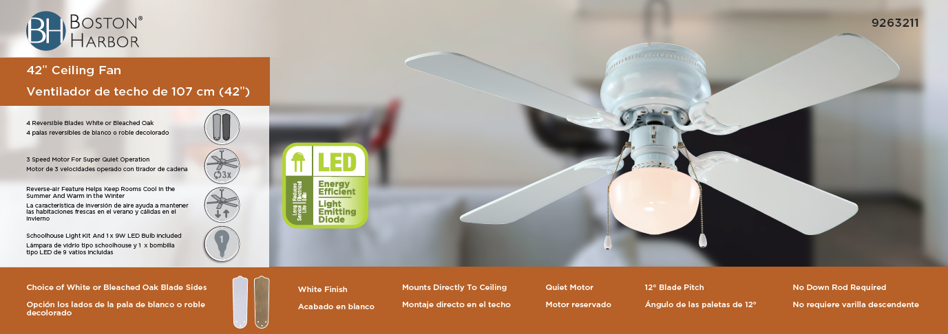 Boston Harbor 42-742T-SH-EN-WH Ceiling Fan, 4-Blade, Bleached Oak/White Blade, 42 in Sweep, 3-Speed, With Lights: Yes