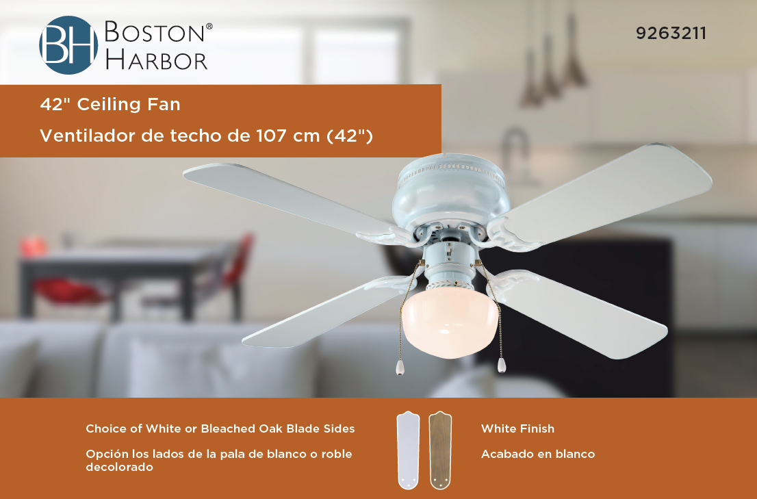 Boston Harbor 42-742T-SH-EN-WH Ceiling Fan, 4-Blade, Bleached Oak/White Blade, 42 in Sweep, 3-Speed, With Lights: Yes