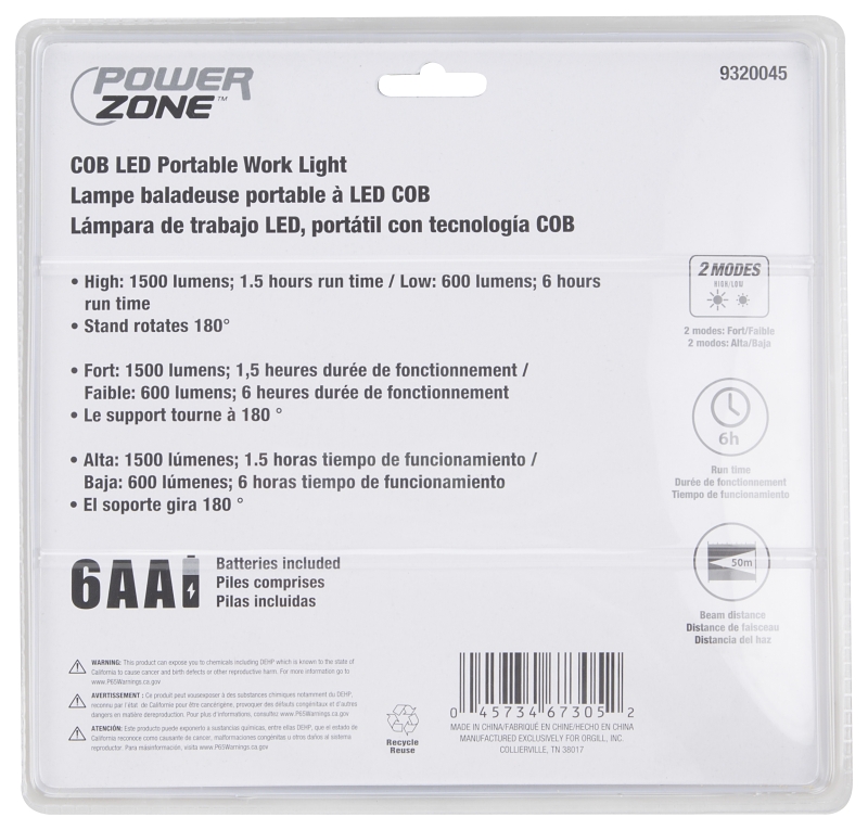 PowerZone OG002 Work Light, 1-Lamp, LED Lamp, 1500 Lumens, Black with Orange
