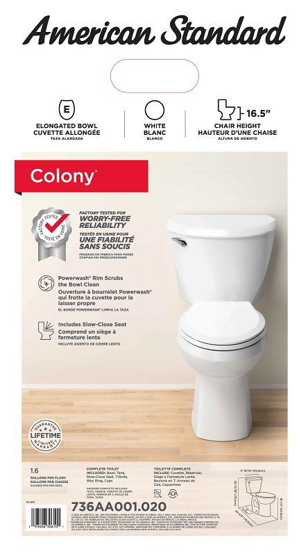 American Standard 736AA001.020 Complete Toilet, Elongated Bowl, 1.6 gpf Flush, 12 in Rough-In, 16-1/2 in H Rim, White
