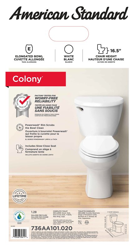 American Standard 736AA101.020 Complete Toilet, Elongated Bowl, 1.28 gpf Flush, 12 in Rough-In, 16-1/2 in H Rim, White