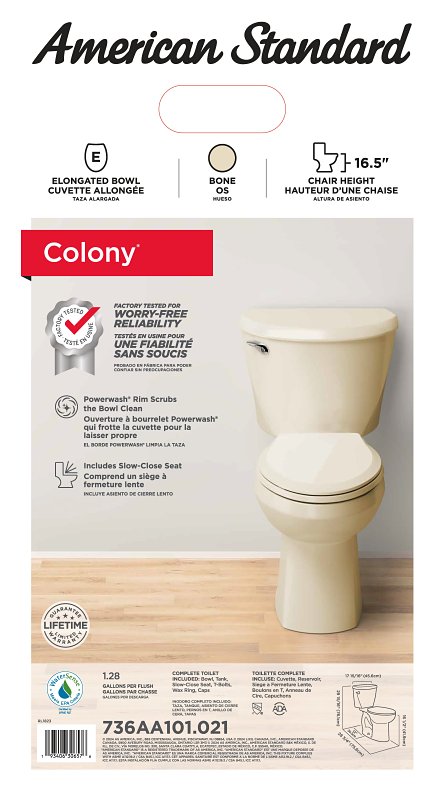 American Standard 736AA101.021 Complete Toilet, Elongated Bowl, 1.28 gpf Flush, 12 in Rough-In, 16-1/2 in H Rim, Bone, ADA Compliant