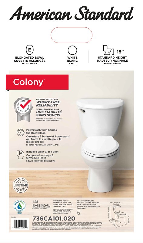 American Standard 736CA101.020 Complete Toilet, Elongated Bowl, 1.28 gpf Flush, 12 in Rough-In, 15 in H Rim, White