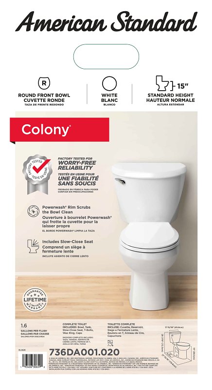 American Standard 736DA001.020 Complete Toilet, Round Front Bowl, 1.6 gpf Flush, 12 in Rough-In, 15 in H Rim, White