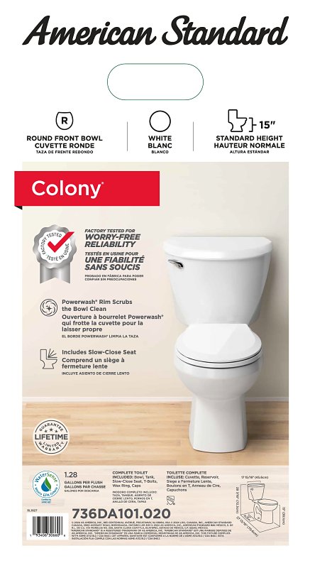 American Standard 736DA101.020 Complete Toilet, Round Front Bowl, 1.28 gpf Flush, 12 in Rough-In, 15 in H Rim, White