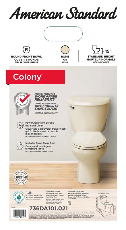 American Standard 736DA101.021 Complete Toilet, Round Front Bowl, 1.28 gpf Flush, 12 in Rough-In, 15 in H Rim, Bone